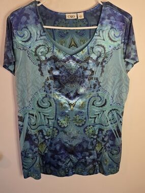 Cato Blue Paisley Mandala Embellished V-Neck Layered Look Top Tee Size L